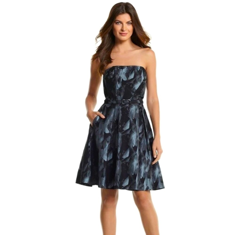 NWOT WHBM STRAPLESS FEATHER-PRINT DRESS black/silver cocktail Sz 00
